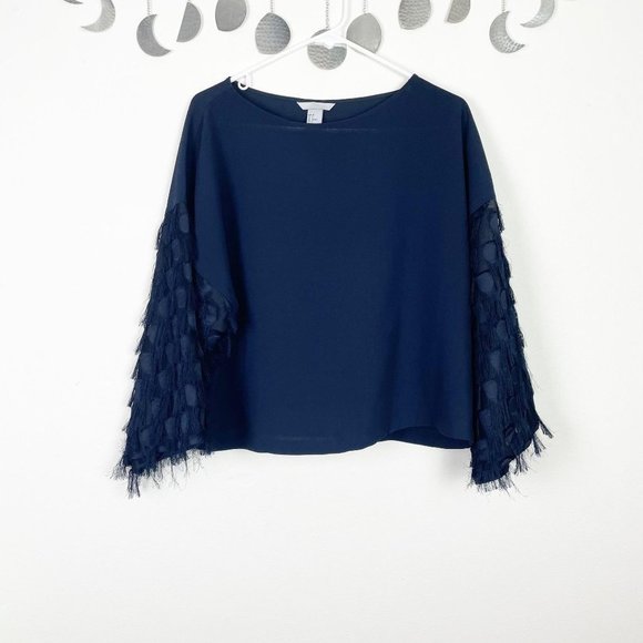 H&M Navy Sheer Sleeve Eyelash Polka‎ Dot Blouse - Picture 1 of 6